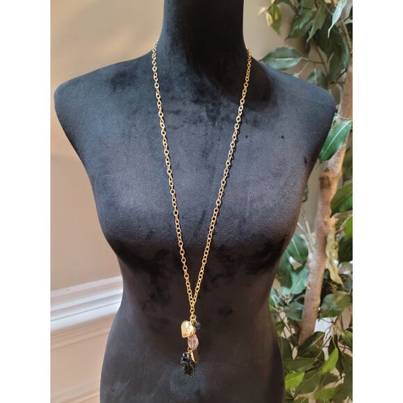 Women's Gold Chain Necklace With Lobster Clasp Black Rose Heart And Bead Charms - Picture 1 of 5